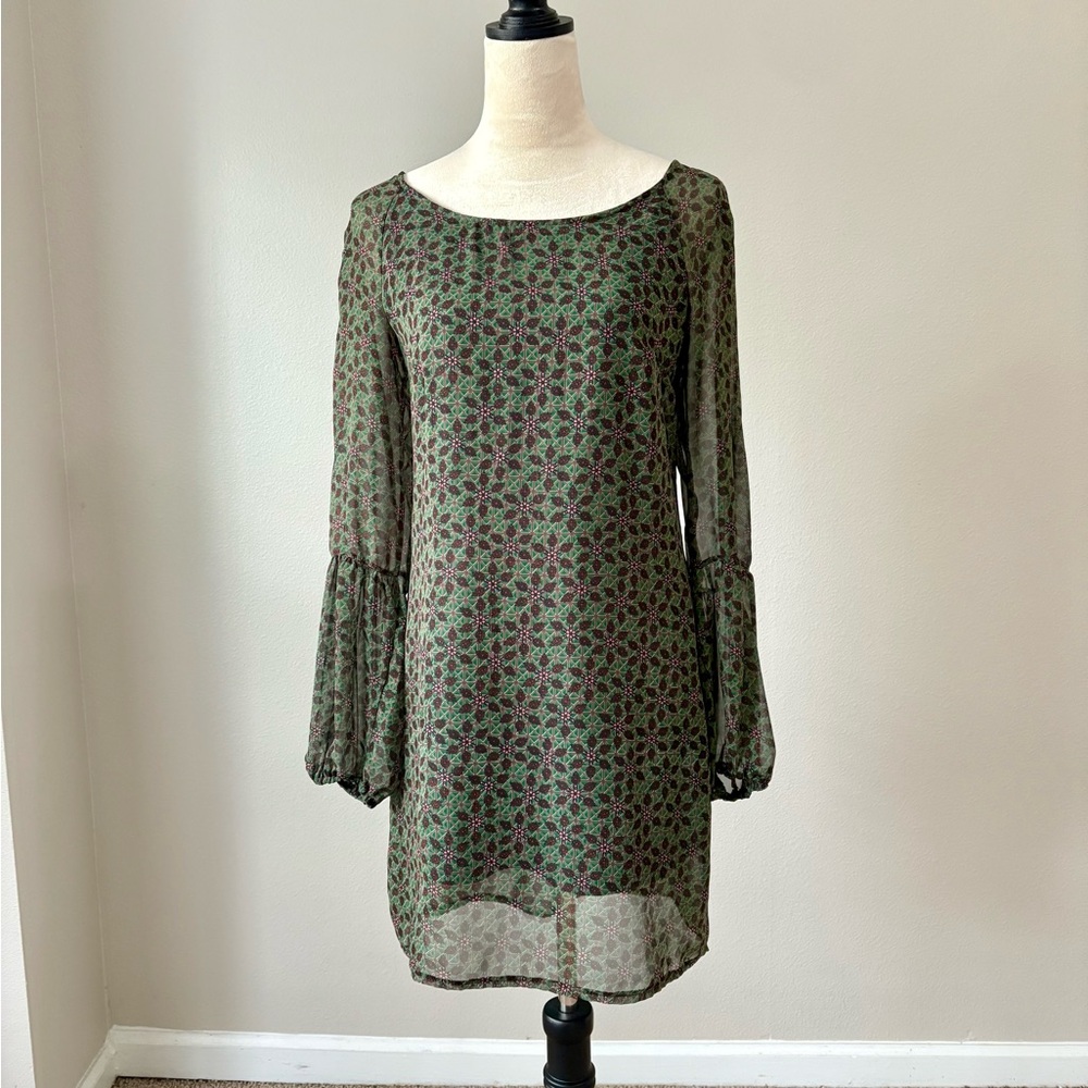 Anthropologie Green Floral Mini Dress – Boho Festival (Size M)